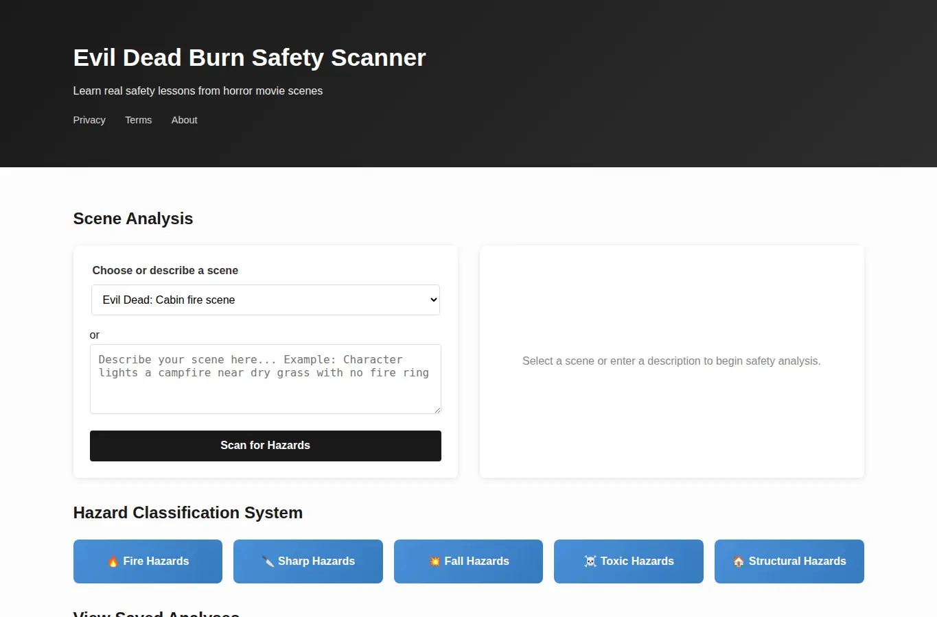 Screenshot of Evil Dead Burn Safety Scanner interface showing the project page in use